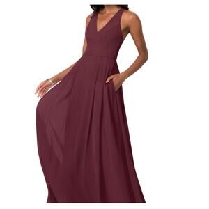 Azazie Bridesmaid Maxi Dress Size‎ A8 Burgundy Wine V-Neck Sleeveless Razorback